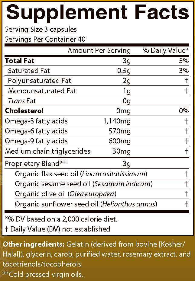 AIM AIMega supplement facts label including Omega-3, Omega-6, and Omega-9.