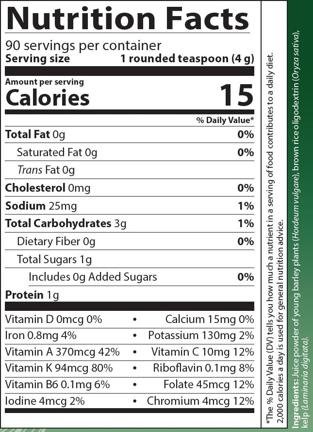 BarleyLife nutrition facts label including vitamin A, K, C. It also includes Folate and chlorophyl.