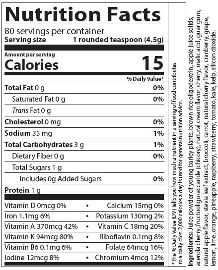 AIM BarleyLife Xtra barley leaf juice powder container containing Vitamin A, K, and C. It also contains Folate and Chlorophyl.