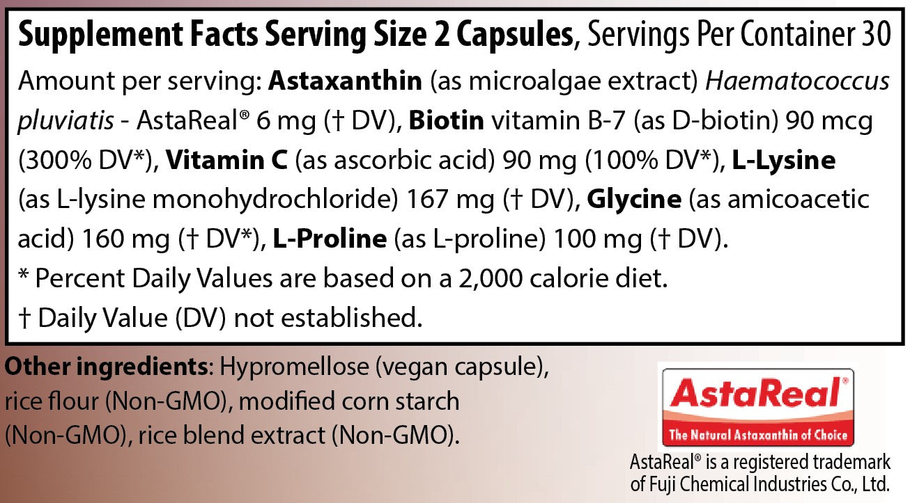 AIM BioVivify supplement label with Astaxanthin, Biotin, Vitamin C, L-Lysine, and L-Proline.