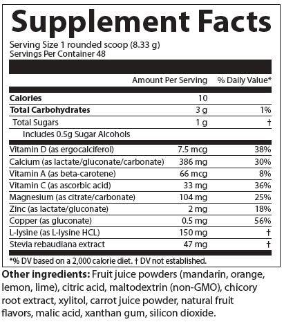 AIM CalciAIM supplement facts label with Vitamin D and A. It also includes calcium, magnesium, and copper.