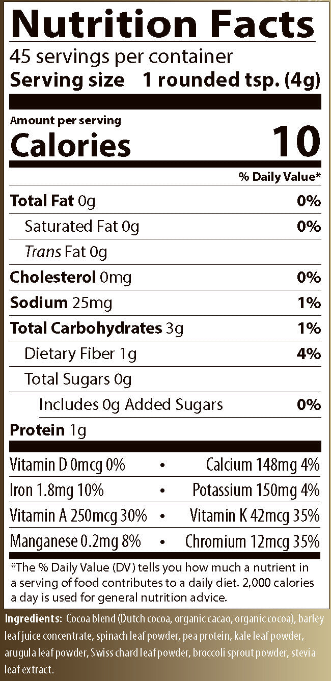 CoCoa LeafGreens Nutrition facts label including Vitamin A, Vitamin K, and Chromium. Includes a Cocoa blend, barley juice concentrate, spinach, kale arugula Swiss chard, and broccoli sprout powders.