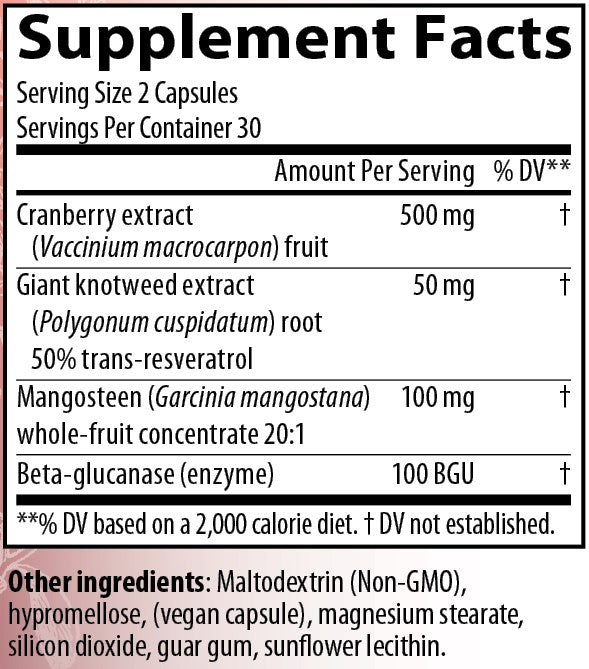 CranVerry Supplement facts label with Cranberry extract, Giant knotweed extract, Mangosteen, Beta-glucanase.