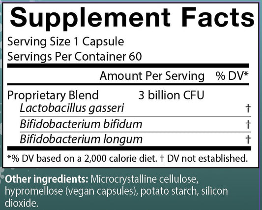 FloraFood dietary supplement facts label with bacterial content and ingredients listed including Lactobacillus gasseri, Bifidobacterium bifidum, and Bifidobacterium longum.