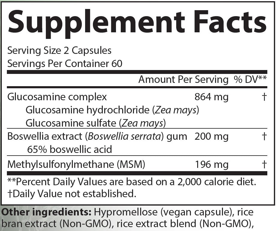 AIM Frame Essentials supplement facts label with Glucosamine complex, Boswellia extract, and Methylsulfonylmethane.