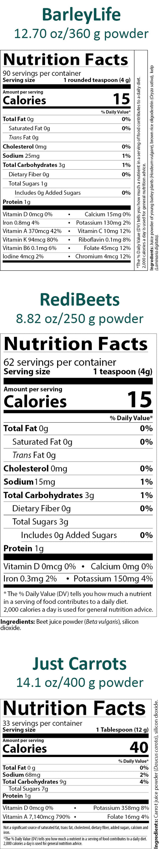 AIM Garden Trio nutrition facts labels for BarleyLife, RediBeets, and Just Carrots products.