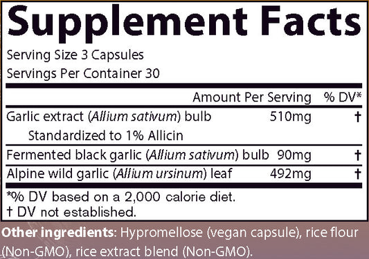 AIM GarlicAIM supplement facts label with garlic extract bulb, fermented black garlic bulb, and alpine wild garlic leaf.