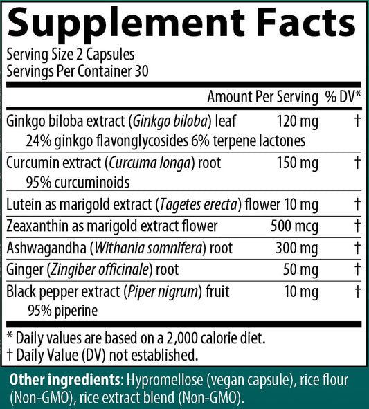 AIM GinkgoSense supplement facts label with Ginkgo biloba extract leaf, Curcumin extract root, Marigold extract flower, Ashwagandha root, Ginger root, & Black pepper extract fruit.