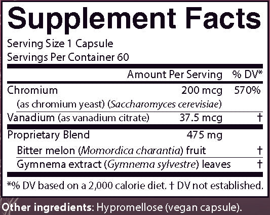 AIM GlucoChrom supplement facts label with nutritional information containing Chromium, vanadium, bitter melon fruit, and gymnema extract leaves