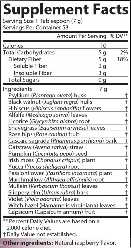 AIM Raspberry Herbal Fiberblend supplement facts label including Psyllium husk, Black Walnut hulls, Hibiscus flowers, Alfalfa leaves, Licorice root, Shavegrass leaves, Cascara Sagrada bark, Rose Hips fruit, Oatstraw straw, Pumpkin seed, Irish Moss plant, Yucca root, Marshmallow root, Passionflower plant, Capsicum fruit, Mullein leaves, Slippery Elm bark, Violet leaves, Capsicum, and Witch Hazel