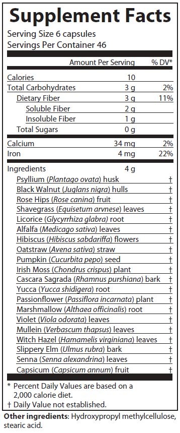 AIM Herbal Fiberblend capsules supplement facts label containing cleansing fiber including Psyllium husk, Black Walnut hulls, Hibiscus flowers, Alfalfa leaves, Licorice root, Shavegrass leaves, Cascara Sagrada bark, Rose Hips fruit, Oatstraw straw, Pumpkin seed, Irish Moss plant, Yucca root, Marshmallow root, Passionflower plant, Capsicum fruit, Mullein leaves, Slippery Elm bark, Violet leaves, Senna leaves, capsicum fruit and Witch Hazel leaves
