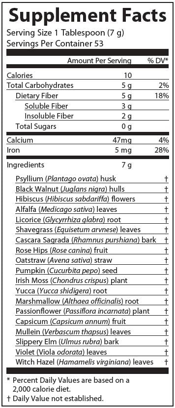 AIM Herbal Fiberblend supplement facts label with detailed nutritional information and ingredients including Psyllium husk, Black Walnut hulls, Hibiscus flowers, Alfalfa leaves, Licorice root, Shavegrass leaves, Cascara Sagrada bark, Rose Hips fruit, Oatstraw straw, Pumpkin seed, Irish Moss plant, Yucca root, Marshmallow root, Passionflower plant, Capsicum fruit, Mullein leaves, Slippery Elm bark, Violet leaves, and Witch Hazel leaves.