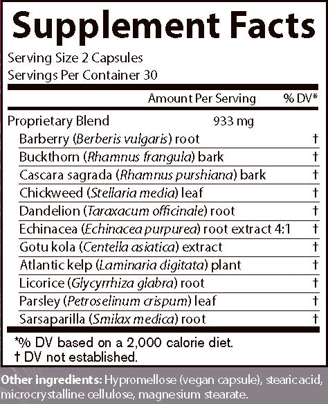 AIM Herbal Release supplement facts label with Barberry root, Buckthorn bark, Cascara sagrada bark, Chickweed leaf, Dandelion root, Echinacea root extract, Gotukola extract, Atlantic kelp plant, licorice root, Parsley leaf, and Sarsaparilla root.