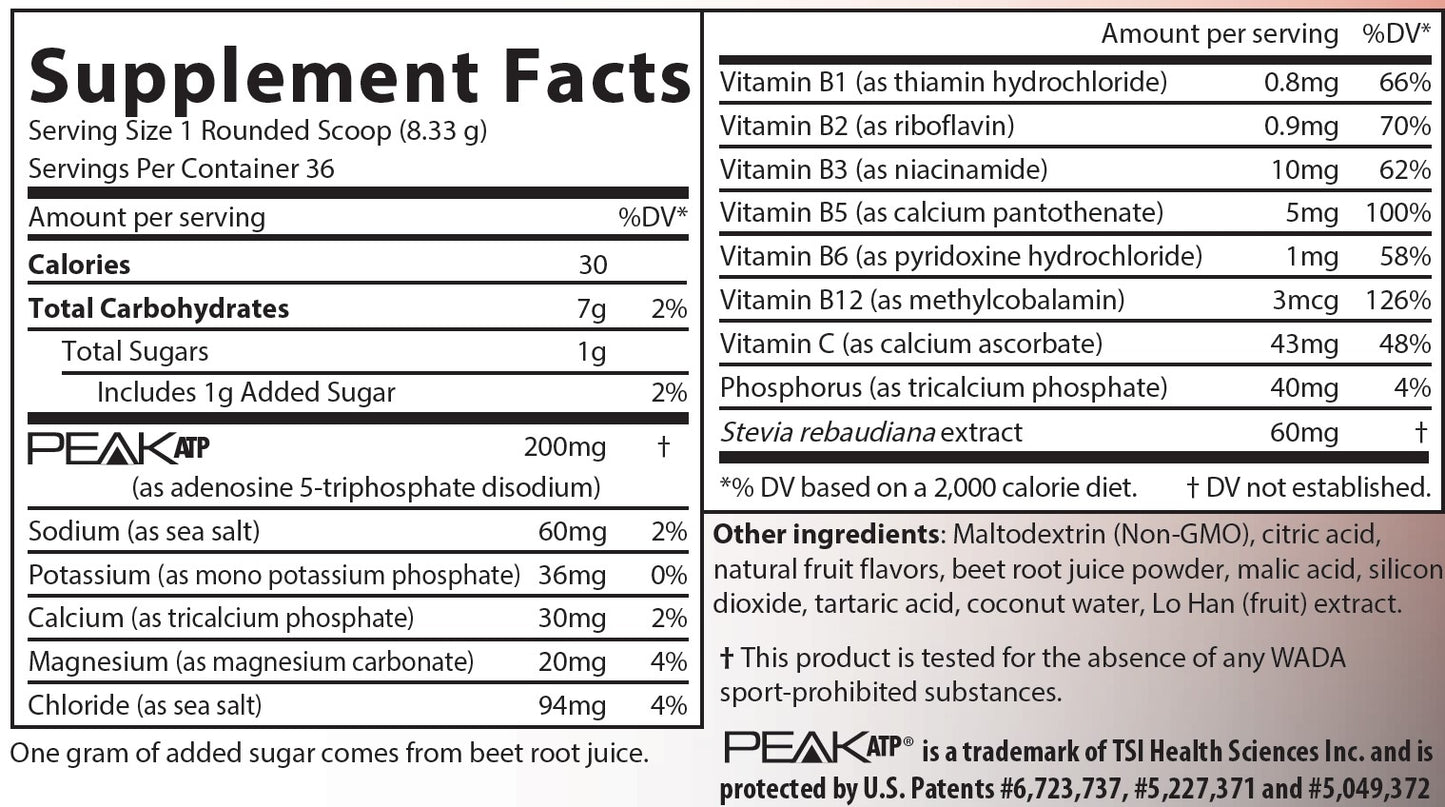 AIM Peak Endurance supplement facts label with detailed nutritional information including PEAK ATP, B1 -thiamin, B2 - riboflavin , B3 - niacinamide, B5 - calcium, B6 - pyridoxine hydrochloride, B12 - methylcobalamin, and vitamin C - calcium ascorbate