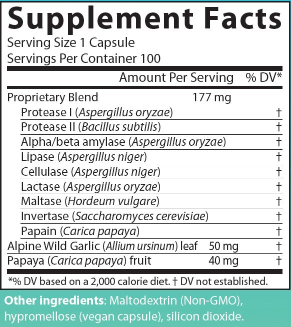 AIM PrepZymes supplement facts label with Protease I, Protease II, Alpha/beta amylase, Lipase, Cellulase, Lactase, Maltase, Invertase, Papain, Alpine Wild Garlic, and Papaya fruit.