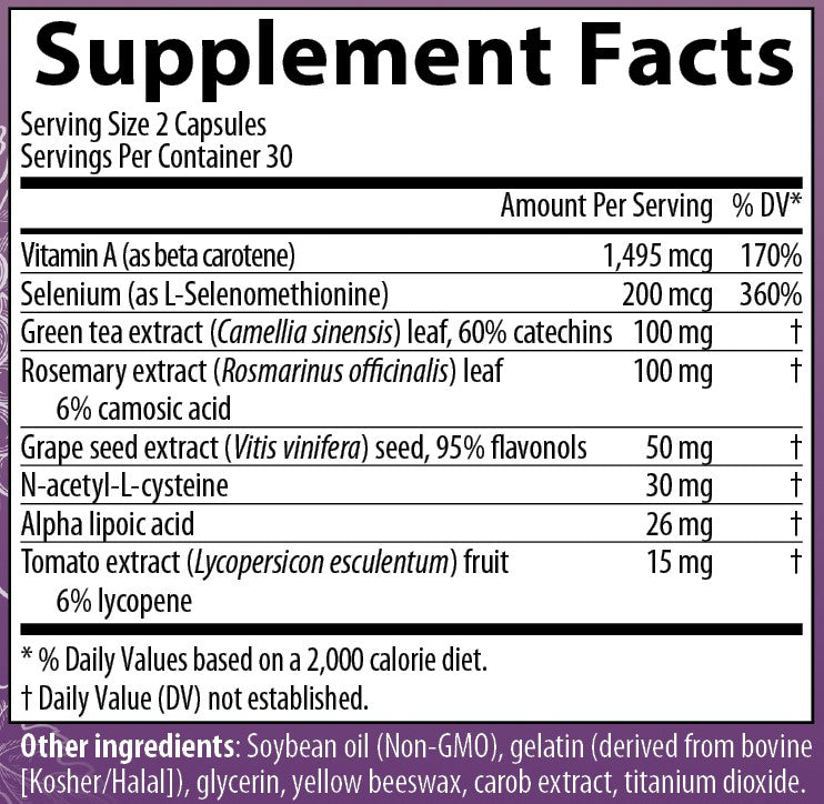 AIM Proancynol 2000 supplement facts label with vitamin A, Selenium, green tea extract, Rosemary extract leaf, Grape seed extract, N-acetyl-L-cysteine, alpha lipoic acid, tomato extract fruit.