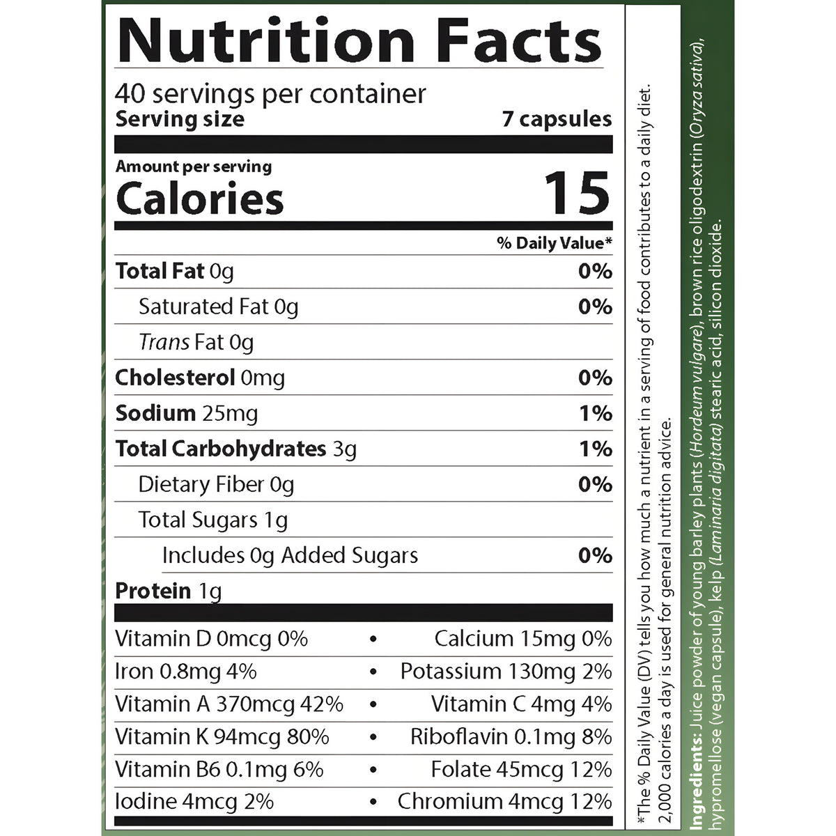 AIM BarleyLife Capsules Nutrition Facts label showing serving size, calories, nutrients, vitamins, minerals, and ingredients.