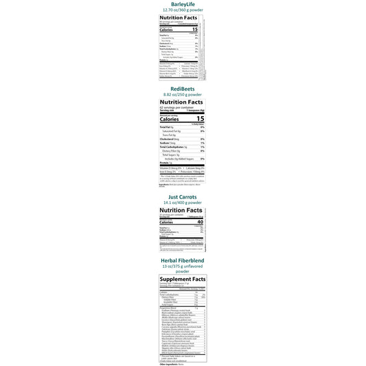 Four vertical supplement nutrition label panels on a white background, labeled BarleyLife, RediRoots, Just Carrots, and Herbal Fiberblend, with black text and small teal headings.