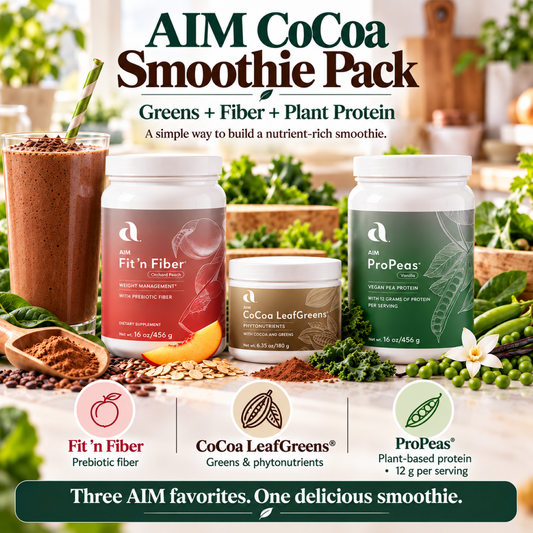 A promotional product graphic for the AIM CoCoa Smoothie Pack, showing three supplement containers: Fit 'n Fiber, CoCoa LeafGreens, and ProPeas, alongside smoothies and fresh greens on a bright kitchen-like background. Large headline text reads 'AIM CoCoa Smoothie Pack' and smaller text describes greens, fiber, and plant protein.
