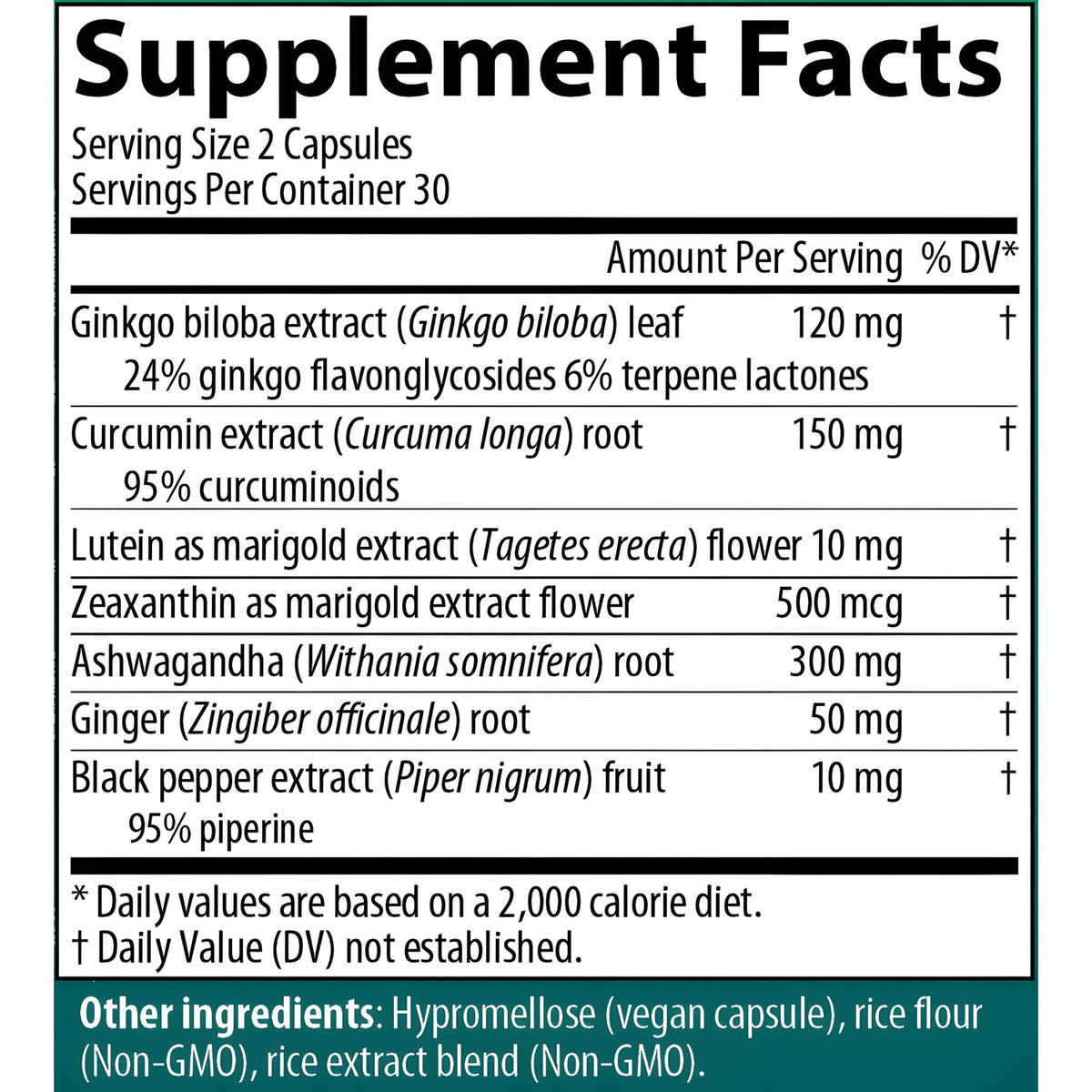 AIM GinkgoSense Supplement Facts label showing ingredients and serving information for a ginkgo biloba and curcumin extract supplement. The label lists amounts per serving for ginkgo biloba extract, curcumin extract, lutein, zeaxanthin, ashwagandha, ginger, and black pepper extract, with a teal section at the bottom listing other ingredients.