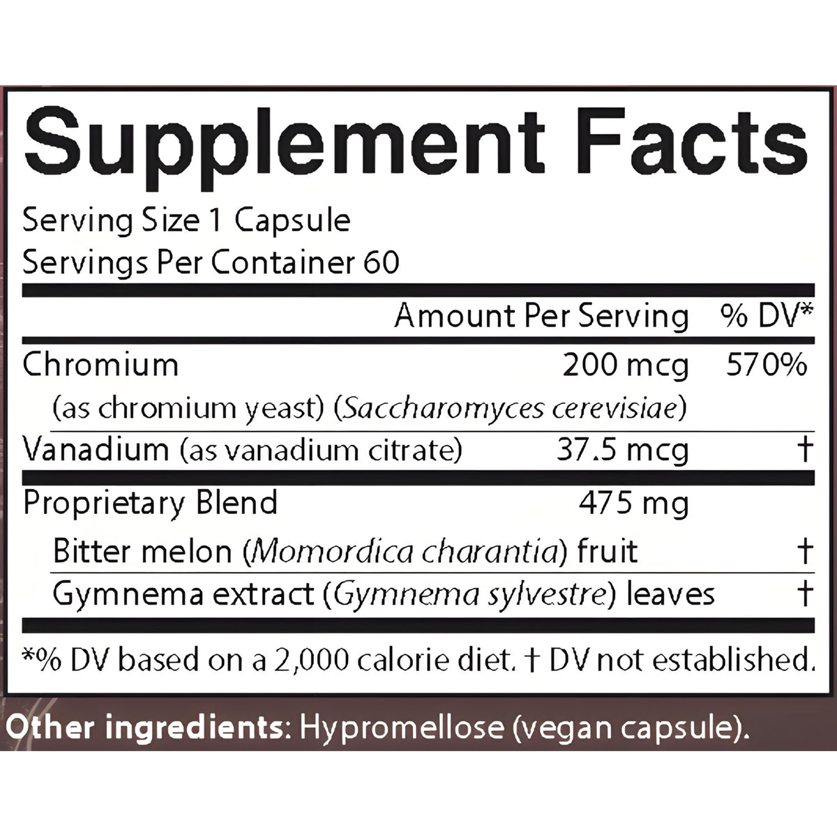 A close-up of AIM GlucoChrom supplement facts label. The label lists serving size 1 capsule, servings per container 60, and nutrients including chromium, Vanadium, Bitter melon, and Gymnema extract leaves.