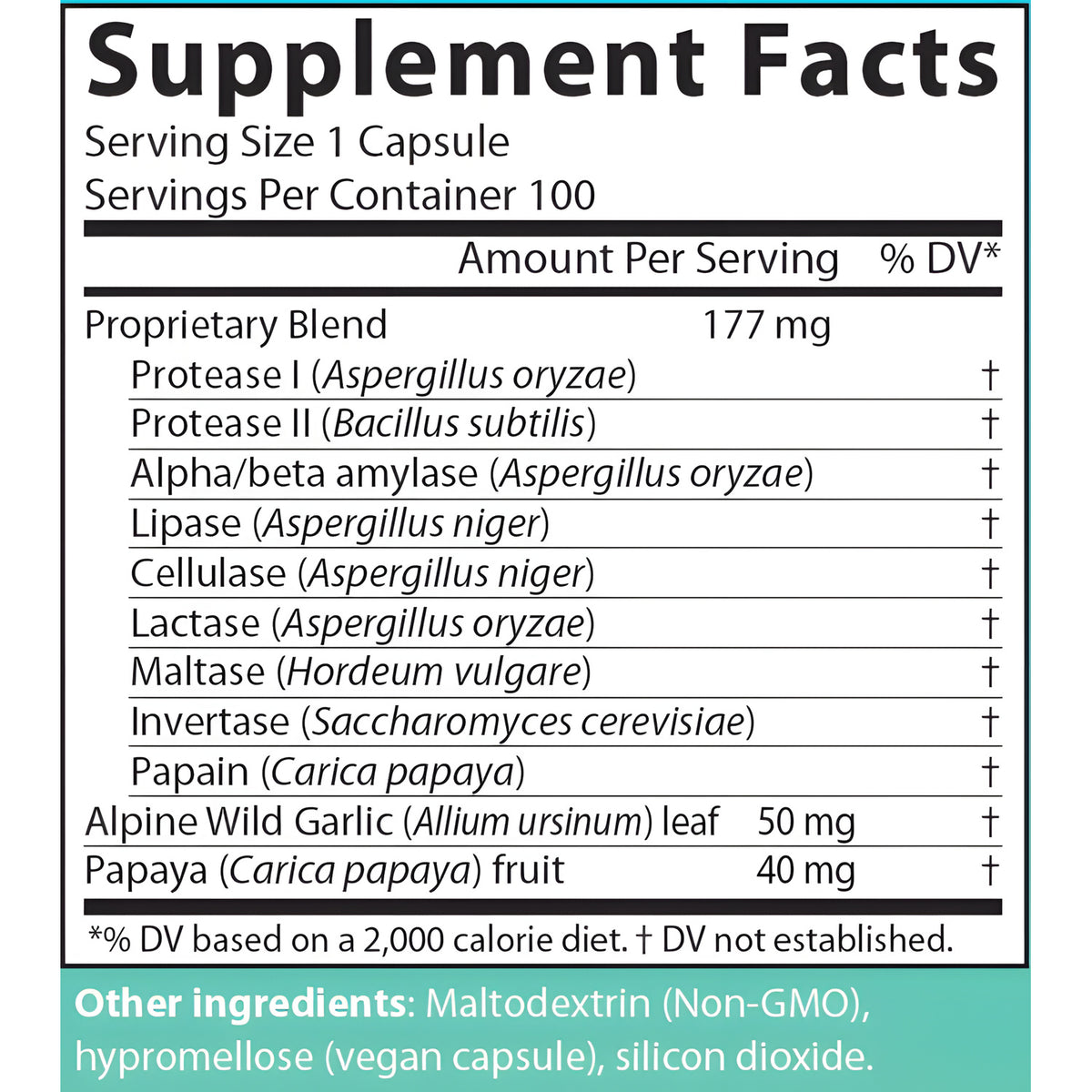 AIM PrepZymes Supplement Facts showing a 1-capsule serving, 177 mg proprietary enzyme blend, papaya fruit, and alpine wild garlic leaf