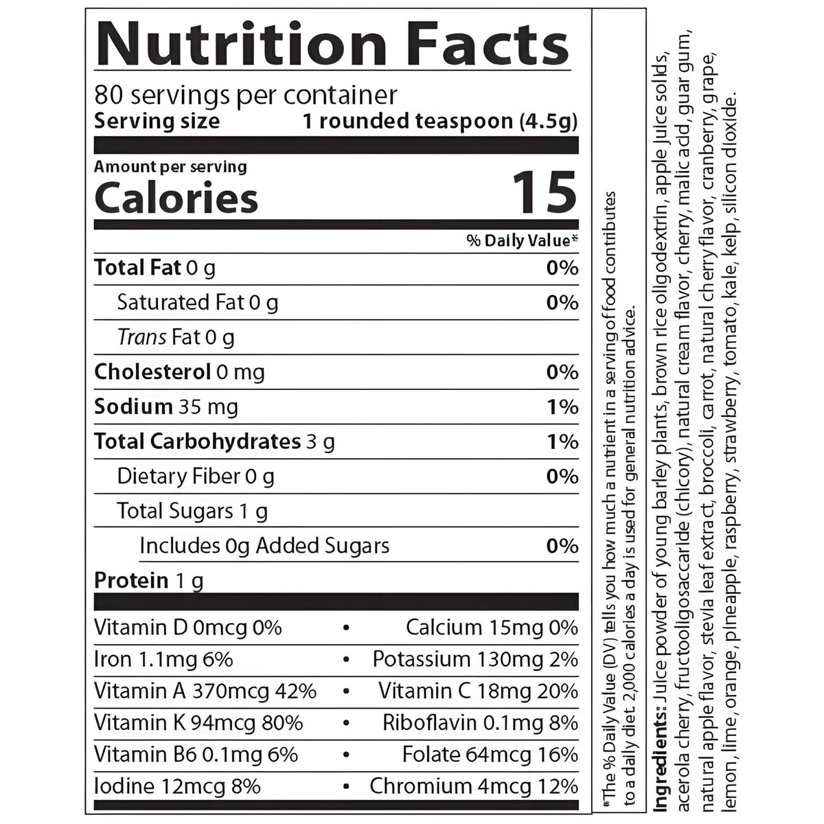 AIM BarleyLife Xtra Nutrition Facts label showing serving size, calories, nutrients, vitamins, minerals, and ingredients.