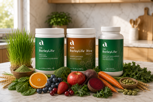 AIM BarleyLife young barley leaf juice powder with BarleyLife Xtra, capsules, barley grass, fruits and vegetables