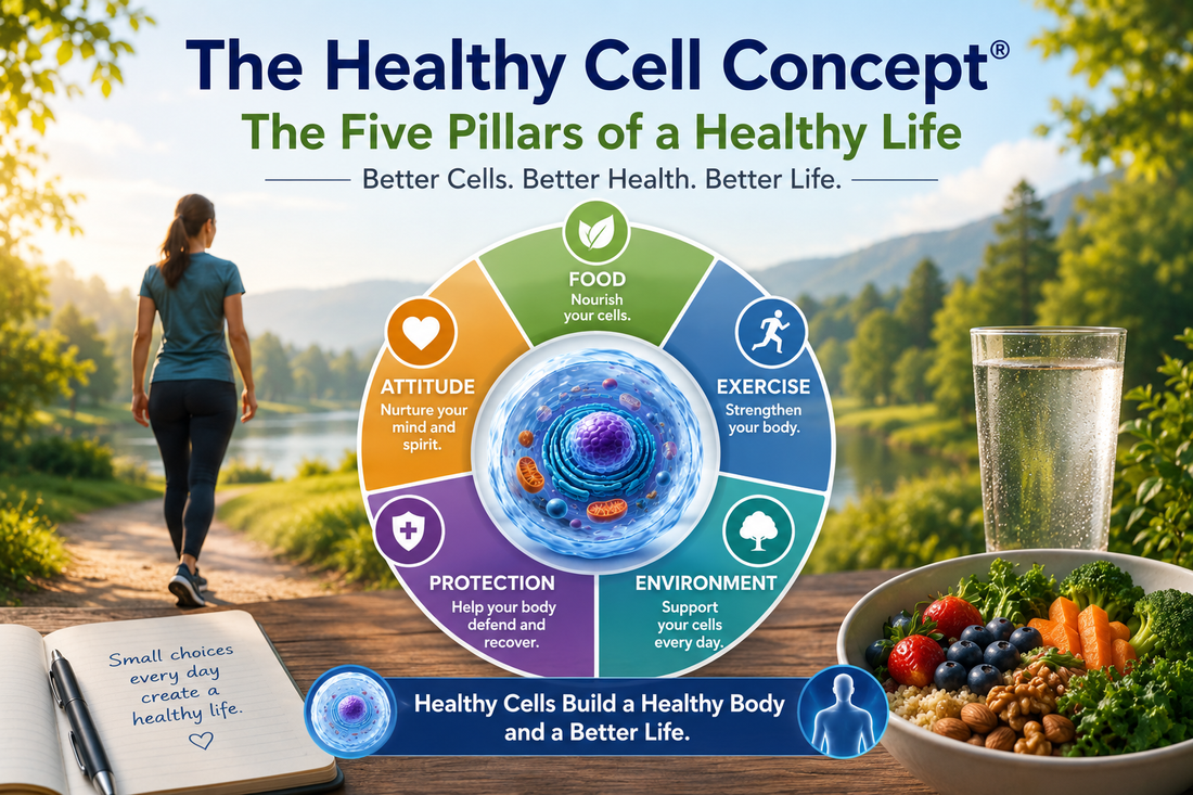 The Healthy Cell Concept® illustrating the five pillars of health: food, exercise, environment, protection, and attitude.
