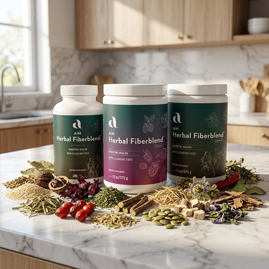 AIM Herbal Fiberblend fiber supplement with cleansing herbs, psyllium fiber, and whole-food plant ingredients