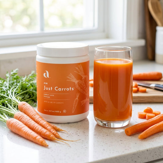 AIM Just Carrots whole-food carrot juice powder with fresh carrots and natural vegetable nutrition