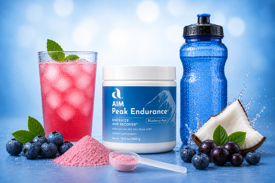 AIM Peak Endurance® ATP drink mix with PEAK ATP®, electrolytes, B vitamins, vitamin C, and blueberry açai flavor.