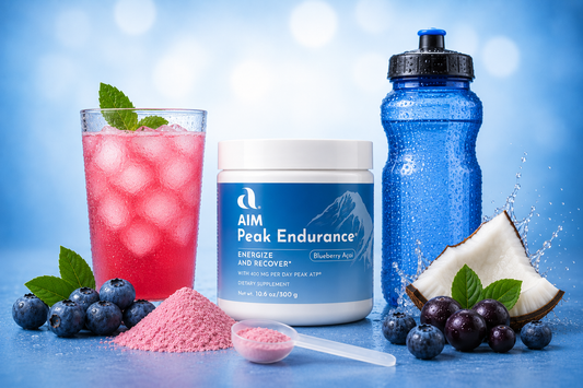 AIM Peak Endurance® ATP drink mix with PEAK ATP®, electrolytes, B vitamins, vitamin C, and blueberry açai flavor.