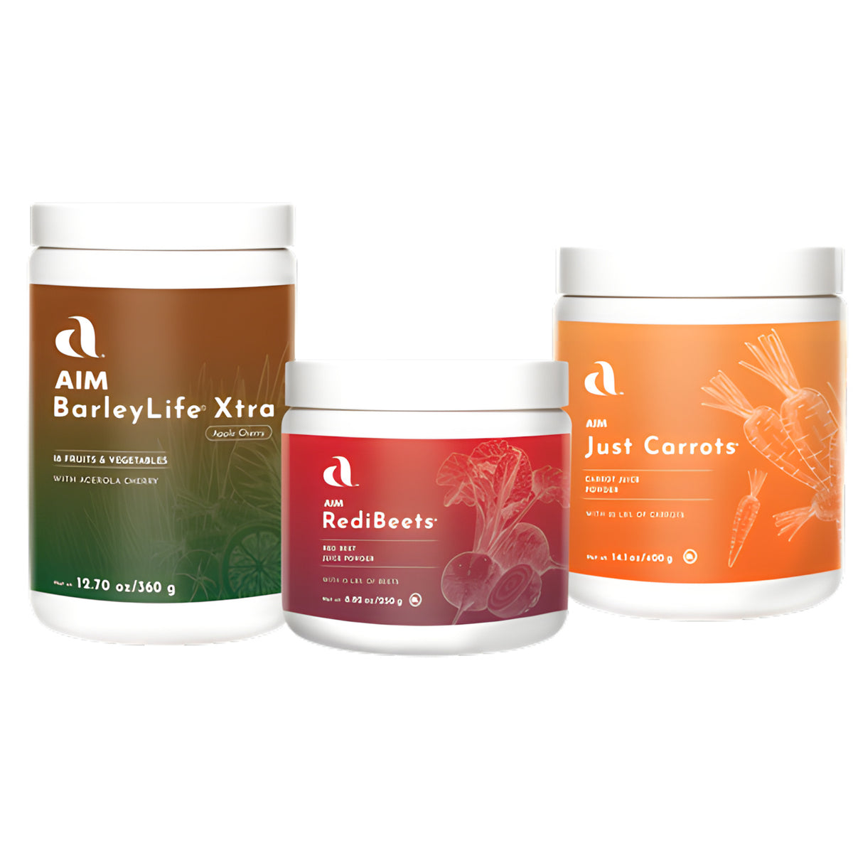 Three white plastic supplement tubs with white lids on a plain white background: AIM BarleyLife Xtra with a brown-to-green label, AIM RediBeets with a red-to-purple label, and AIM Just Carrots with an orange label.