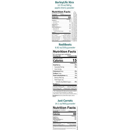 Four nutrition fact label cards for powdered vegetables are shown on a plain white background, labeled BarleyLife Xtra, RediBeets, and Just Carrots.