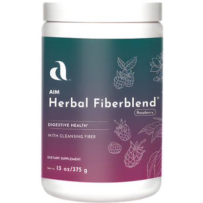 A white plastic tub of AIM Herbal Fiberblend dietary supplement, featuring a dark teal and magenta gradient label with white text and illustrations of raspberries.