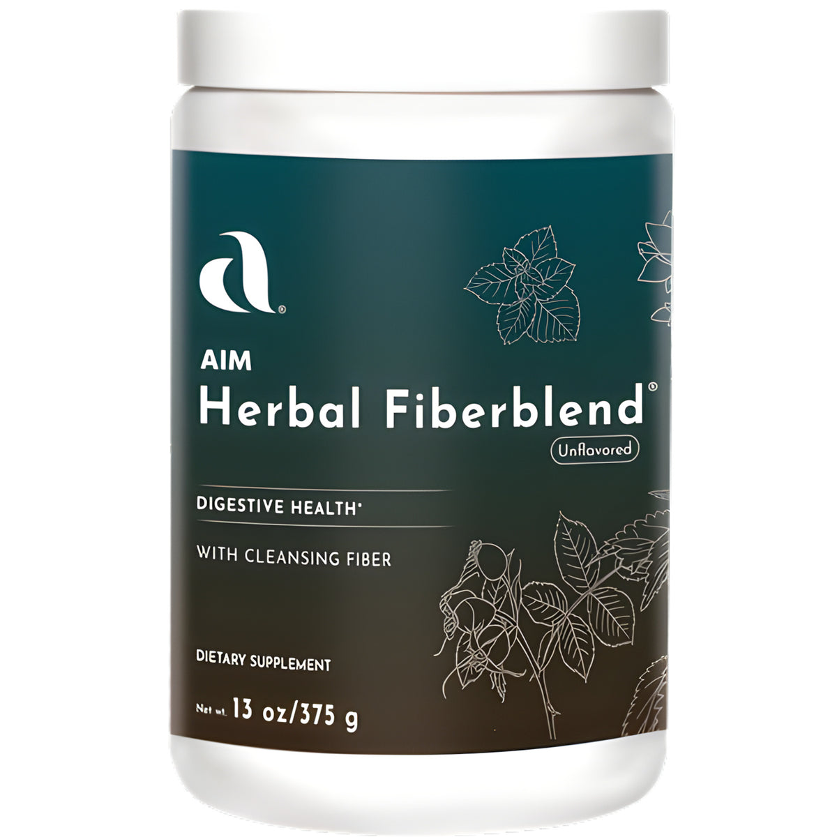 A white plastic bottle of AIM Herbal Fiberblend dietary supplement with a dark teal and brown label, shown on a plain white background.