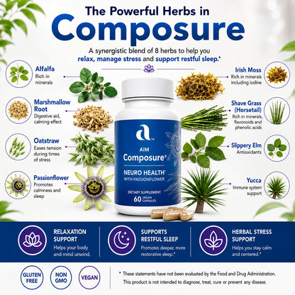 An infographic for AIM Composure dietary supplement, featuring a white bottle of herbs surrounded by illustrations and photos of various natural ingredients like alfalfa, marshmallow root, passionflower, Irish moss, shave grass, slippery elm, yucca, and neem. The infographic includes text detailing the benefits of each herb and three feature badges at the bottom indicating gluten free, non GMO, and vegan status.