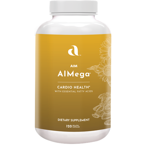 AIM AIMega bottle containing gelatin capsules filled with essential fatty acids - Omega 3, Omega 6, Omega 9.