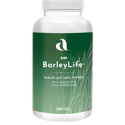 AIM BarleyLife capsules in a bottle.