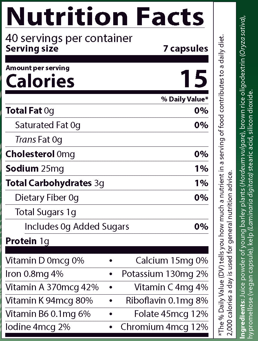 AIM BarleyLife capsules nutrition facts label for a dietary supplement including Vitamin A, K, and C.  Also includes Folate and Chlorophyl.