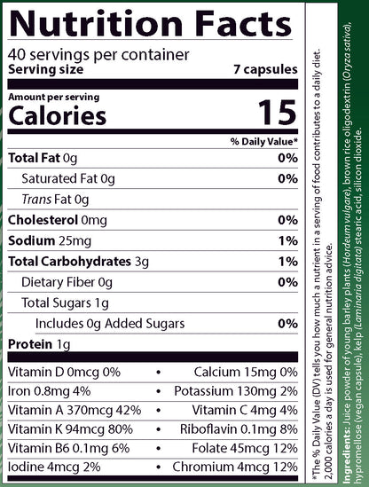 AIM BarleyLife capsules nutrition facts label for a dietary supplement including Vitamin A, K, and C.  Also includes Folate and Chlorophyl.