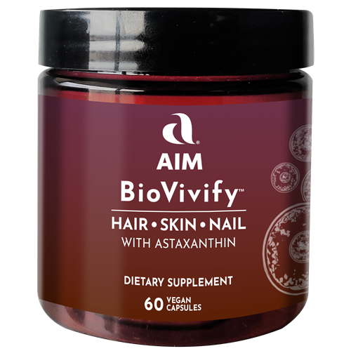 AIM BioVivify with Astaxanthin supports hair, skin, and nail health.