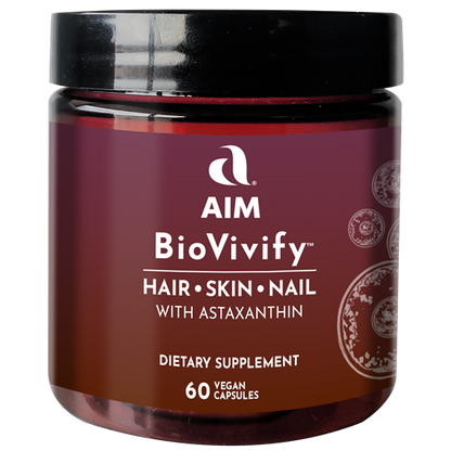 AIM BioVivify with Astaxanthin supports hair, skin, and nail health.