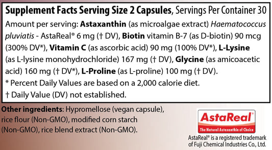 AIM BioVivify supplement label with Astaxanthin, Biotin, Vitamin C, L-Lysine, and L-Proline.