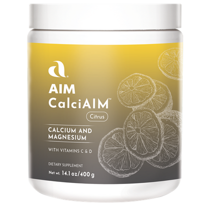 AIM CalciAIM dietary supplement including calcium, magnesium, vitamin C, and vitamin D with a great citrus flavor.