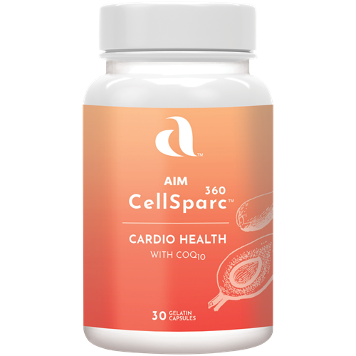 AIM Cellsparc Cardio Health supplement contains CoQ10, Fish Oil, and Vitamin E.