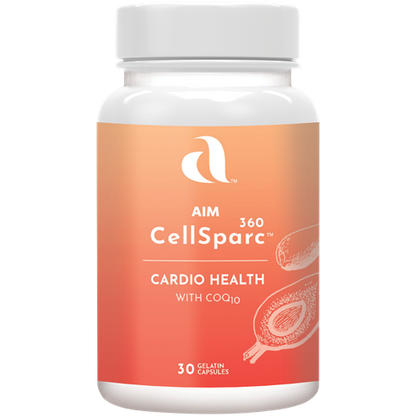 AIM Cellsparc Cardio Health supplement contains CoQ10, Fish Oil, and Vitamin E.