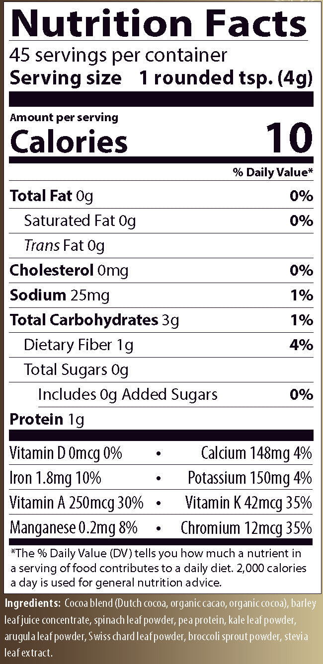 CoCoa LeafGreens Nutrition facts label including Vitamin A, Vitamin K, and Chromium.  Includes a Cocoa blend, barley juice concentrate, spinach, kale arugula Swiss chard, and broccoli sprout powders.