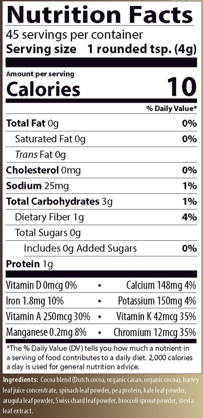 CoCoa LeafGreens Nutrition facts label including Vitamin A, Vitamin K, and Chromium.  Includes a Cocoa blend, barley juice concentrate, spinach, kale arugula Swiss chard, and broccoli sprout powders.